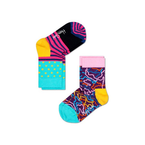 Kids Socks 2 Pack - Stripe Dot Electric Purple/Pink/Aqua