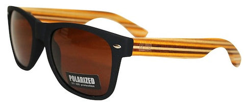 Wooden Sunglasses - Black with Striped Arms & Brown Lens