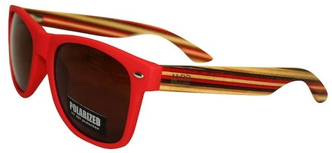 Wooden Sunglasses - Matte Red with Striped Arms & Brown Lens