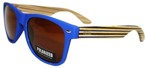 Wooden Sunglasses - Matte Blue with Striped Arms & Brown Lens