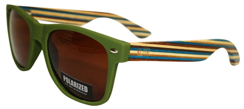 Wooden Sunglasses - Matte Green with Striped Arms & Brown Lens
